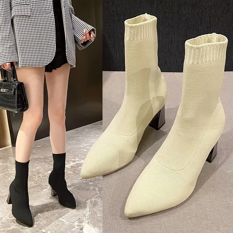Women Hot Sale High Heels Short Boots 2024 Winter Designer Square Toe Mesh Breathable Stretch Sock Boots Slip on Platform Shoes