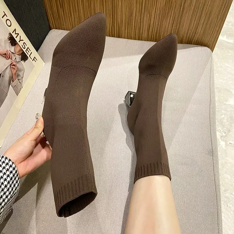 Women Hot Sale High Heels Short Boots 2024 Winter Designer Square Toe Mesh Breathable Stretch Sock Boots Slip on Platform Shoes