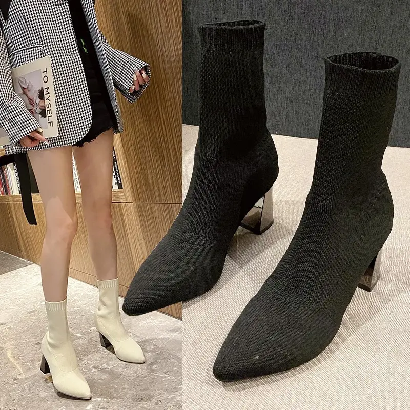 Women Hot Sale High Heels Short Boots 2024 Winter Designer Square Toe Mesh Breathable Stretch Sock Boots Slip on Platform Shoes