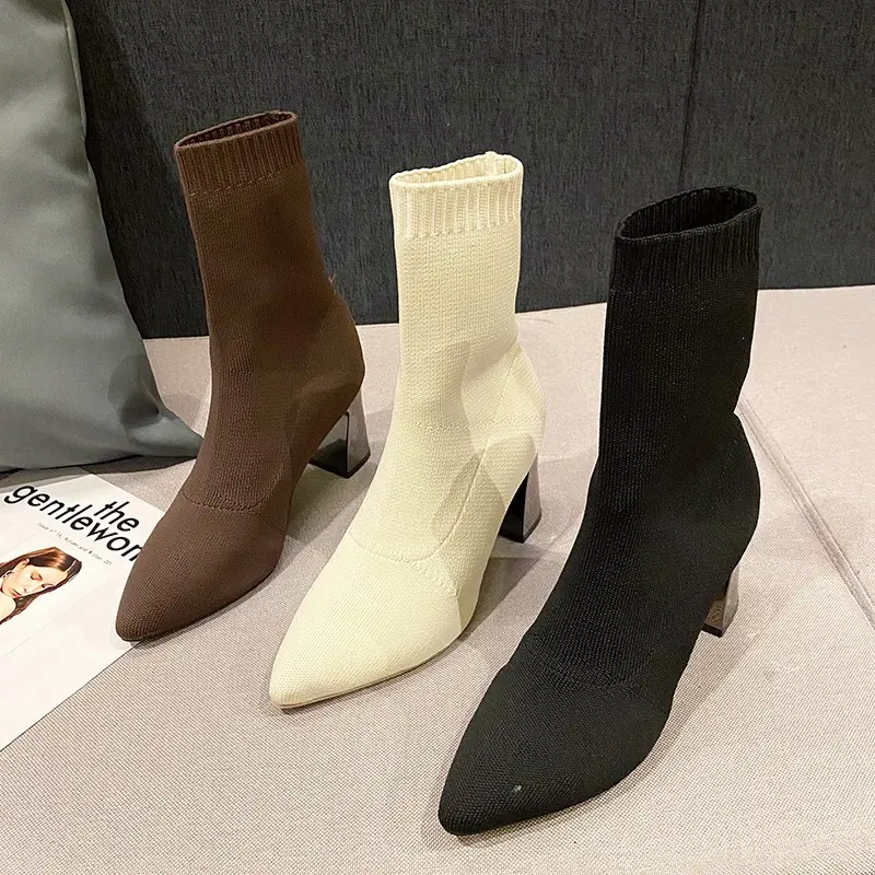 Women Hot Sale High Heels Short Boots 2024 Winter Designer Square Toe Mesh Breathable Stretch Sock Boots Slip on Platform Shoes
