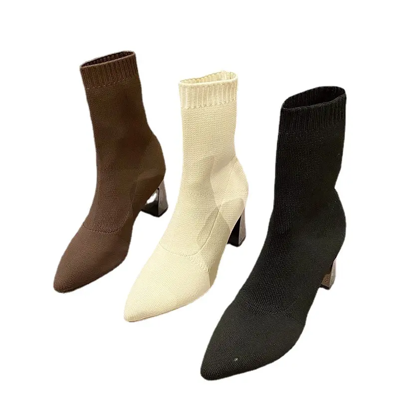 Women Hot Sale High Heels Short Boots 2024 Winter Designer Square Toe Mesh Breathable Stretch Sock Boots Slip on Platform Shoes