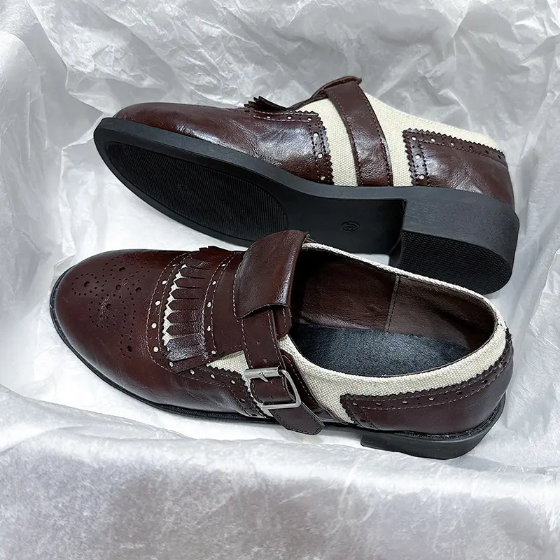Fashion Spring Autumn Oxford Flats Woman Lace-up Round Toe Loafers Buckle Tassel Leather Derby British Ladies Thick Heel Shoes