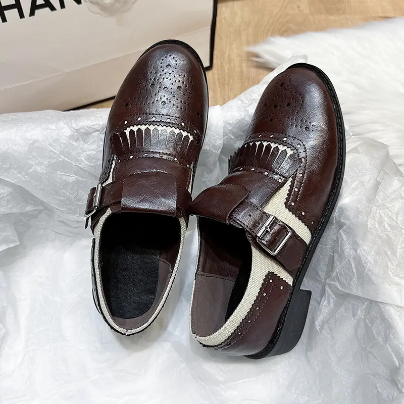 Fashion Spring Autumn Oxford Flats Woman Lace-up Round Toe Loafers Buckle Tassel Leather Derby British Ladies Thick Heel Shoes