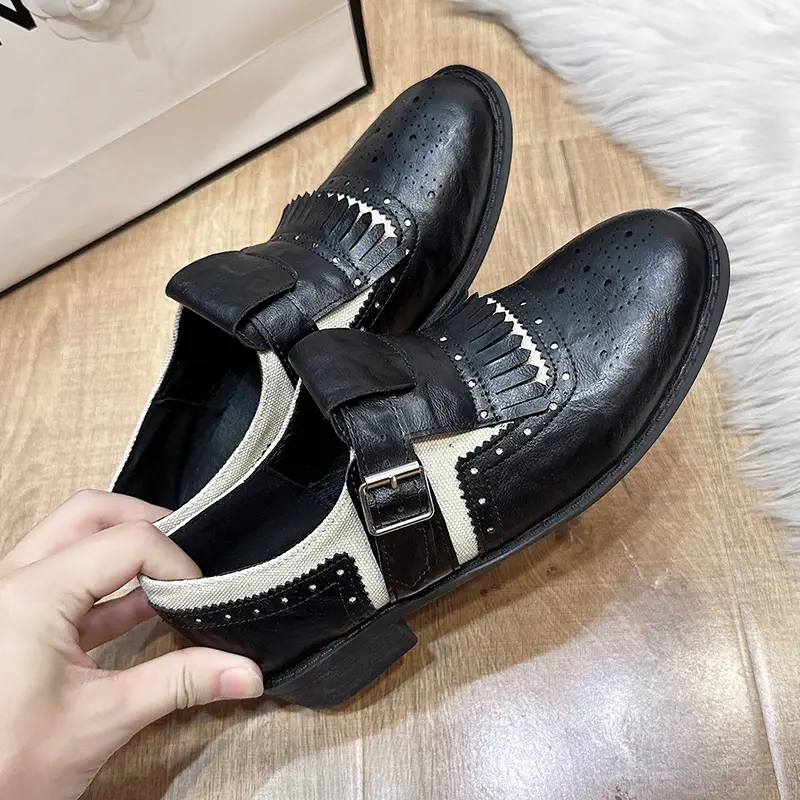 Fashion Spring Autumn Oxford Flats Woman Lace-up Round Toe Loafers Buckle Tassel Leather Derby British Ladies Thick Heel Shoes