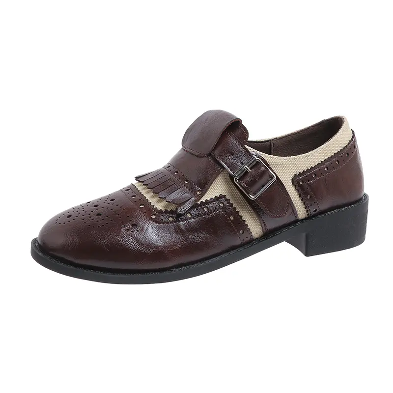 Fashion Spring Autumn Oxford Flats Woman Lace-up Round Toe Loafers Buckle Tassel Leather Derby British Ladies Thick Heel Shoes