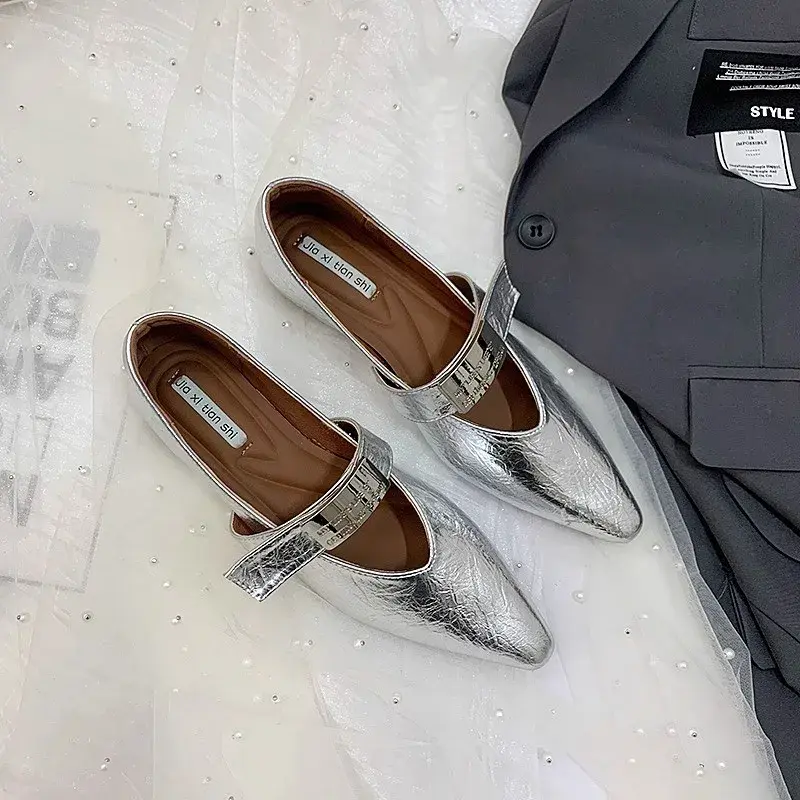 2024 Autumn Women Flat Shoes Fashion Low Wedge Heel Ladies Gold Buckle Ladies Mary Jane Shoes Pointed Toe Boat Shoes New Woman
