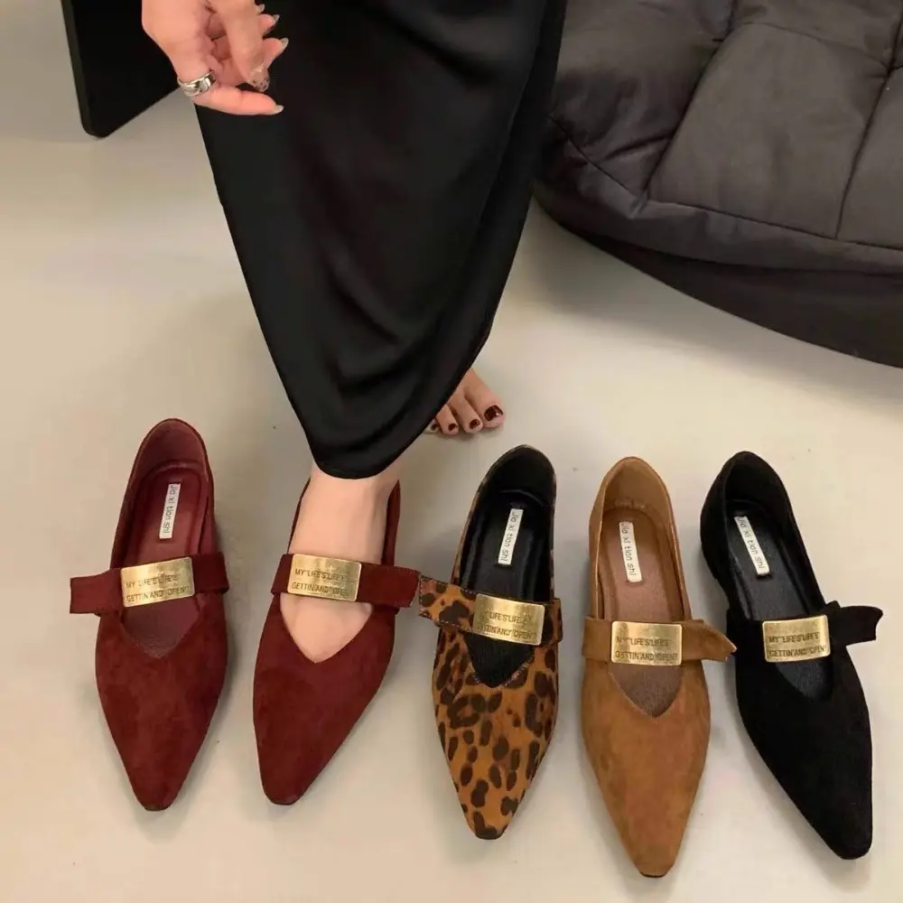 Retro Mary Janes Shoes Women Suede Luxury Heels Trend Pointed Toe Wedges Autumn Casual Shoes Woman Elegant Dress Zapatos Mujer