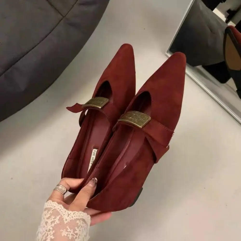 Retro Mary Janes Shoes Women Suede Luxury Heels Trend Pointed Toe Wedges Autumn Casual Shoes Woman Elegant Dress Zapatos Mujer