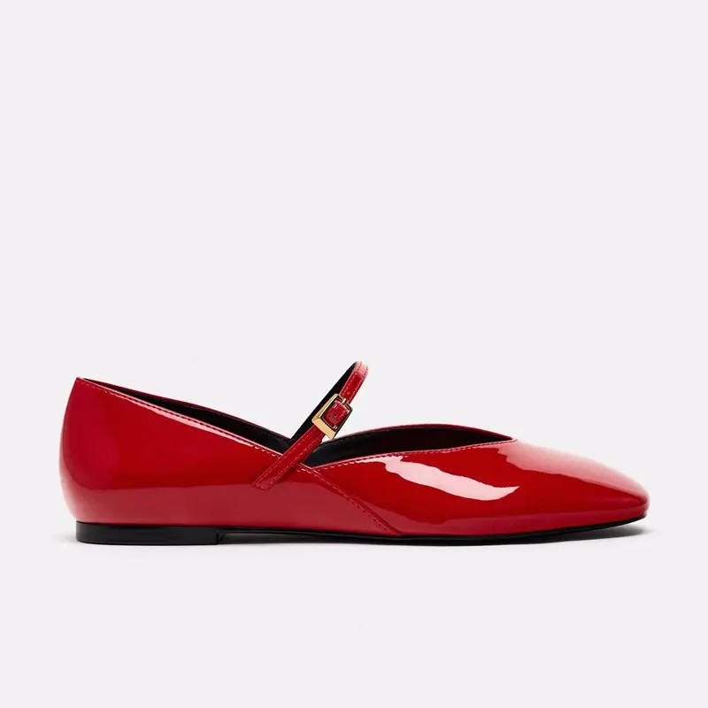 Woman Red Mary Jane Shoes 2024 Summer Chic Faux Patent Leather Flats Womens Fashion Round Toe Buckle Strap Single Shoes