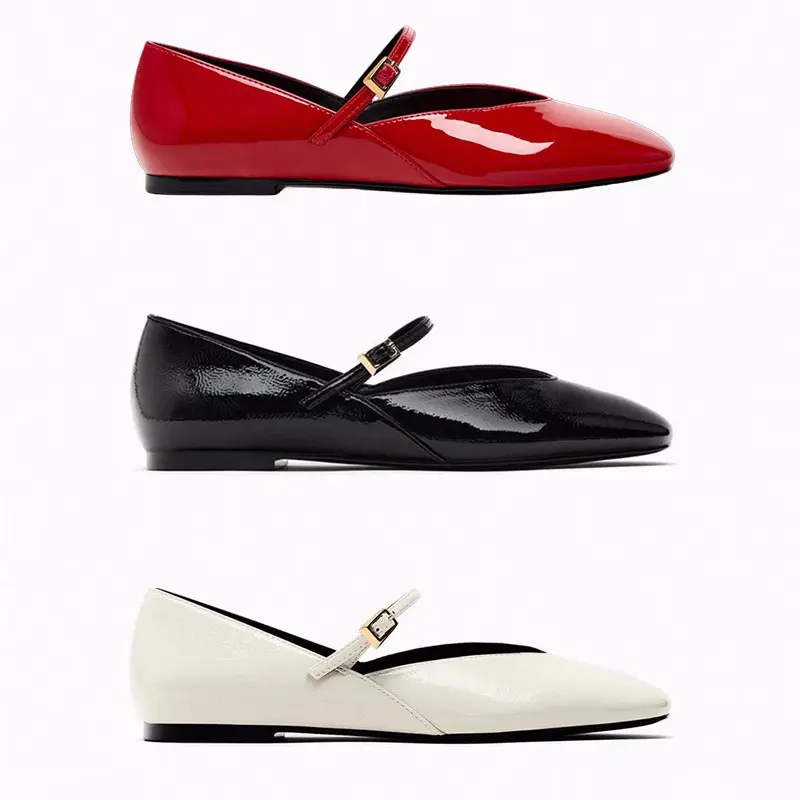 Woman Red Mary Jane Shoes 2024 Summer Chic Faux Patent Leather Flats Womens Fashion Round Toe Buckle Strap Single Shoes