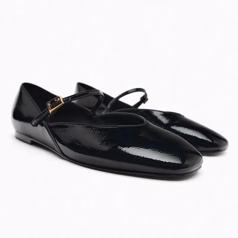 Woman Red Mary Jane Shoes 2024 Summer Chic Faux Patent Leather Flats Womens Fashion Round Toe Buckle Strap Single Shoes