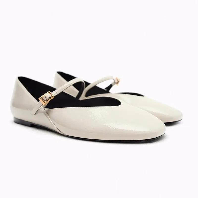 Woman Red Mary Jane Shoes 2024 Summer Chic Faux Patent Leather Flats Womens Fashion Round Toe Buckle Strap Single Shoes
