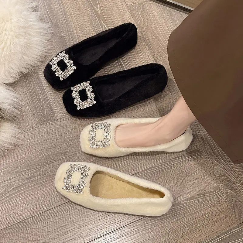Soft Water Diamond Square Head Velvet Bean Single Shoes 2024 New Fashion Woolen Leather Shoes for Women Autumn/Winter