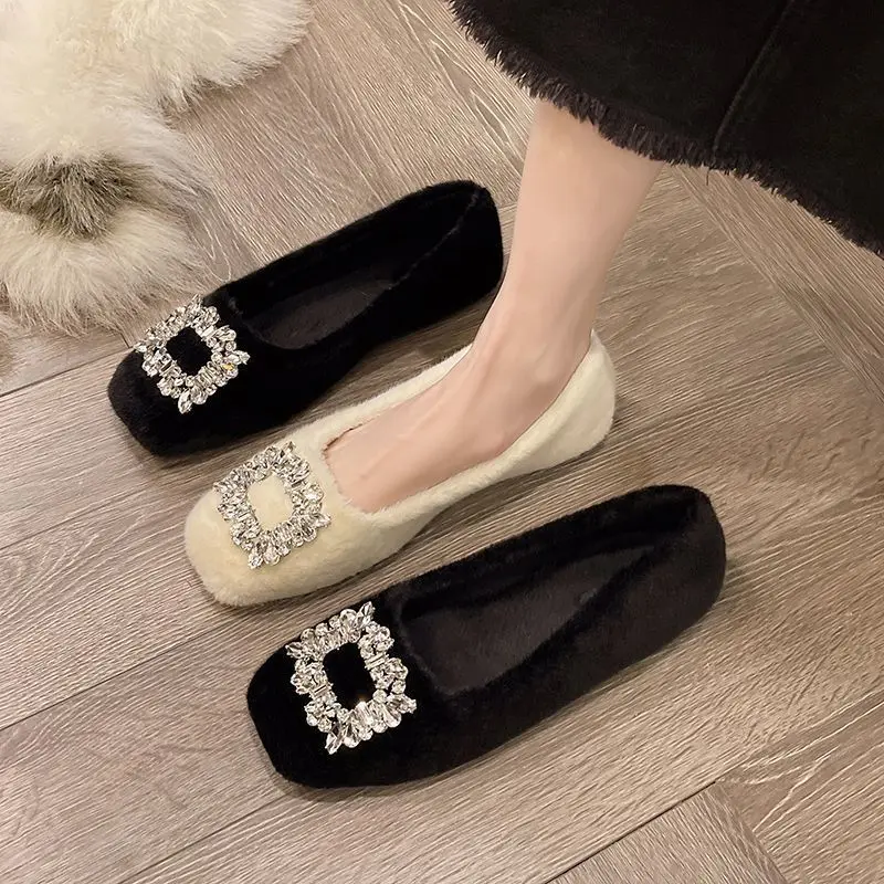 Soft Water Diamond Square Head Velvet Bean Single Shoes 2024 New Fashion Woolen Leather Shoes for Women Autumn/Winter