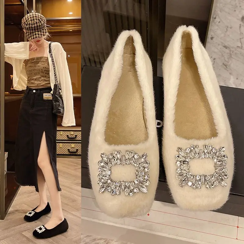 Soft Water Diamond Square Head Velvet Bean Single Shoes 2024 New Fashion Woolen Leather Shoes for Women Autumn/Winter