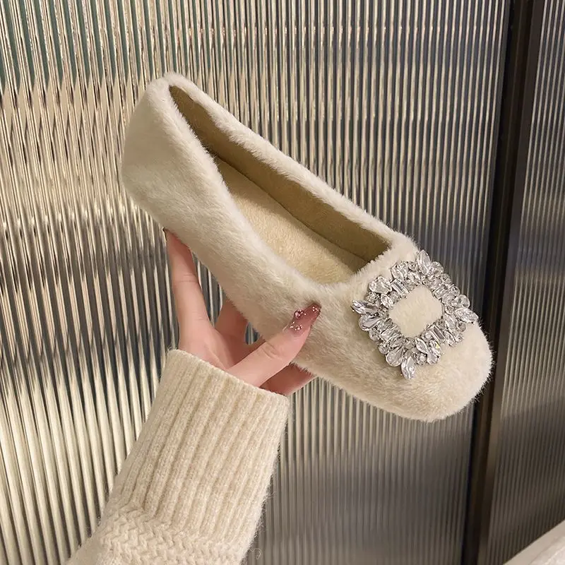 Soft Water Diamond Square Head Velvet Bean Single Shoes 2024 New Fashion Woolen Leather Shoes for Women Autumn/Winter