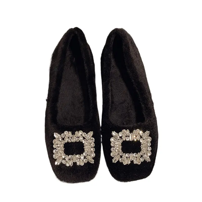 Soft Water Diamond Square Head Velvet Bean Single Shoes 2024 New Fashion Woolen Leather Shoes for Women Autumn/Winter