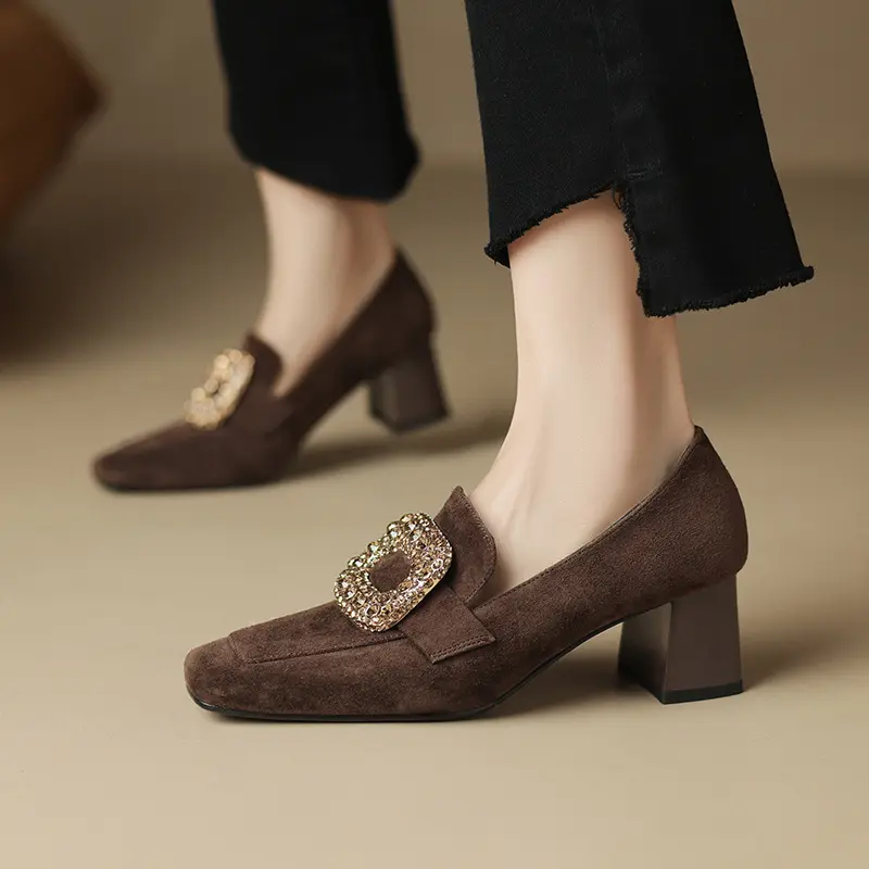 New Spring Winter Classic Women Flock Office Pumps Square High Heels Work Wedding Shoes Lady Pumps