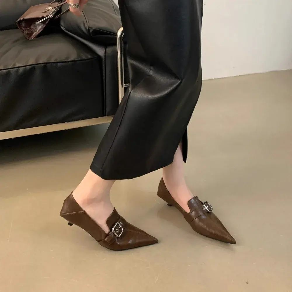 2024 Summer Footwear with Heel Office Shoes for Women Normal Leather Pointed Toe Shoes Spring Designer Loafers Shoes Zapatillas