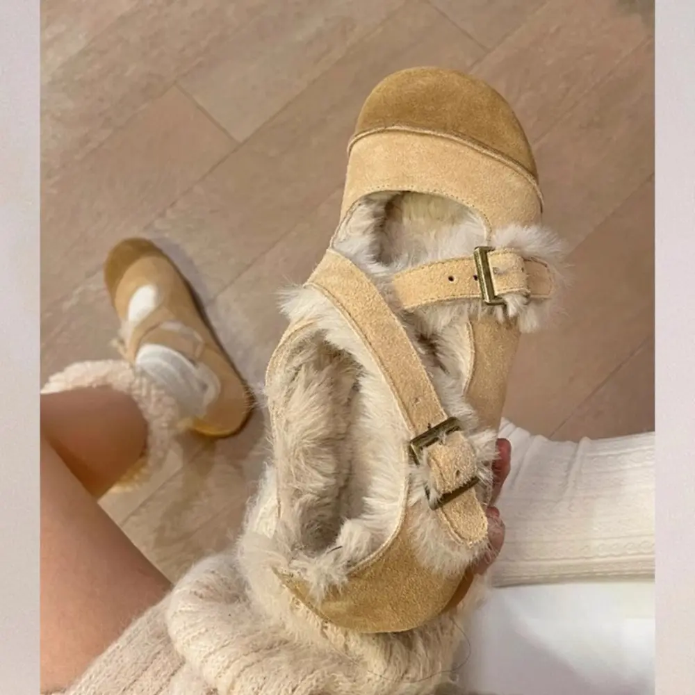 2024 Autumn Winter New Velvet Warm Cowhide Women's Warm Shoes Wearing Belt Buckle Doudou Shoes Snow Boots Fashion Women's Shoes
