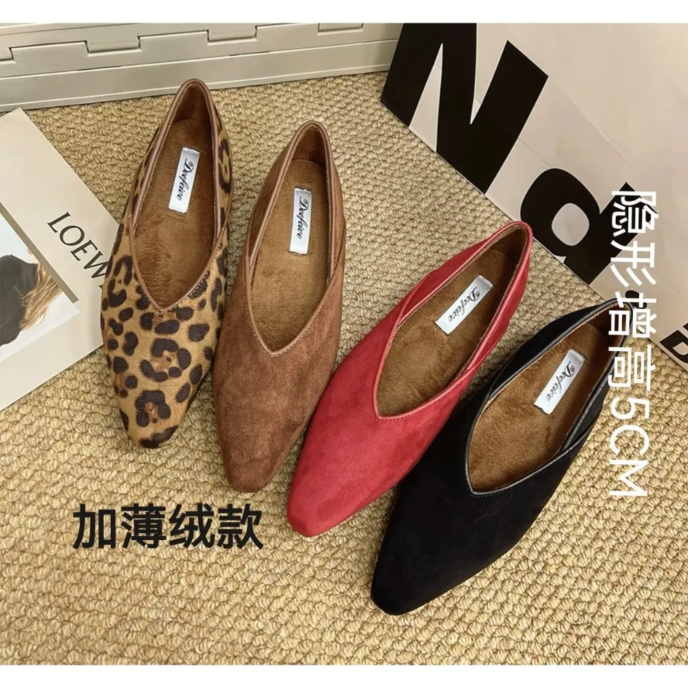 Sharp Pointed Leopard Print Single Shoes Suitable for Women's Suede Leather Commuting Pairs in Autumn and Winter, Flat Shoes