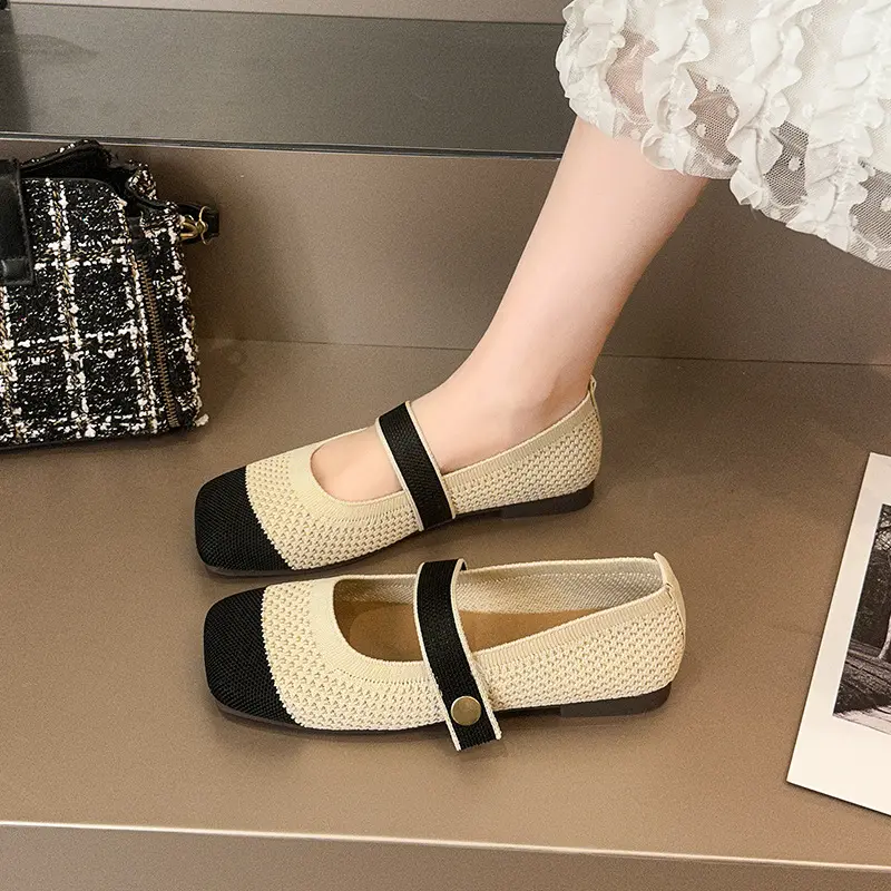 Lady Fashion Mary Janes Shoes 2024 Spring Summer Ballet Flats Women Casual Shoes Flat Heel Non-slip Barefoot Shoes Square Toe