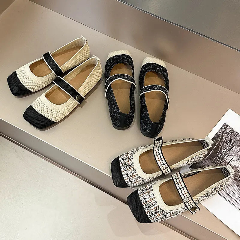 Lady Fashion Mary Janes Shoes 2024 Spring Summer Ballet Flats Women Casual Shoes Flat Heel Non-slip Barefoot Shoes Square Toe