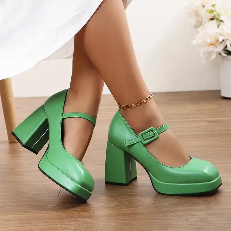 Mary Janes Vintage Black Sandals Woman Buckle Non-Slip Casual Medium Heels Office Ladies Solid Elegant Heels Korean 2025 Summer