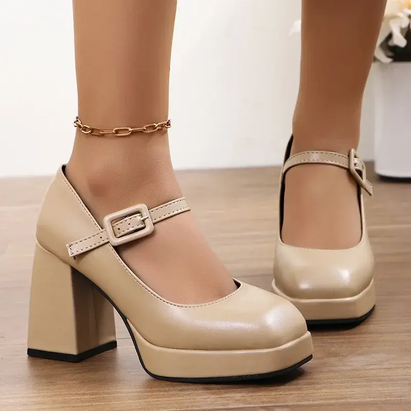 Mary Janes Vintage Black Sandals Woman Buckle Non-Slip Casual Medium Heels Office Ladies Solid Elegant Heels Korean 2025 Summer