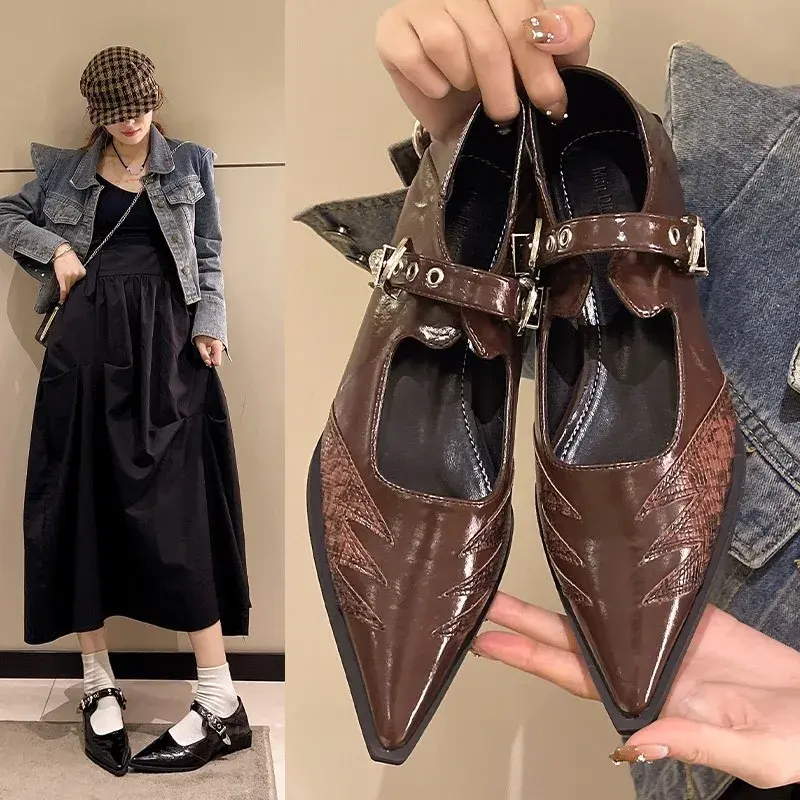 2024 Spring Retro Women's High-Heeled Shoes Fashion Mid Heel Pointed Toe Party Shoes Women Chunky Mary Jane Shoes Zapatillas