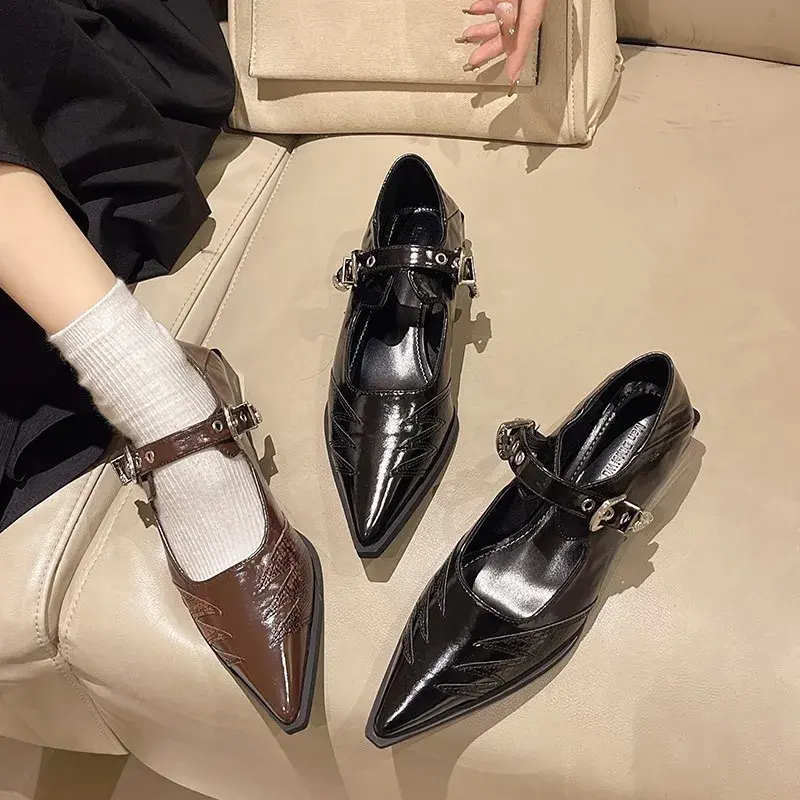 2024 Spring Retro Women's High-Heeled Shoes Fashion Mid Heel Pointed Toe Party Shoes Women Chunky Mary Jane Shoes Zapatillas