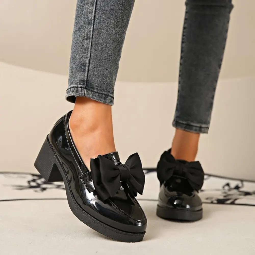 Women's Casual Loafers 2024 New PU Waterproof Thick-soled Women's Shoes Elegant Bow Designer Office Shopping Zapatillas Mujer