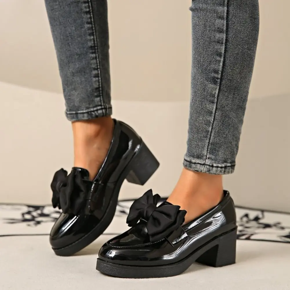 Women's Casual Loafers 2024 New PU Waterproof Thick-soled Women's Shoes Elegant Bow Designer Office Shopping Zapatillas Mujer