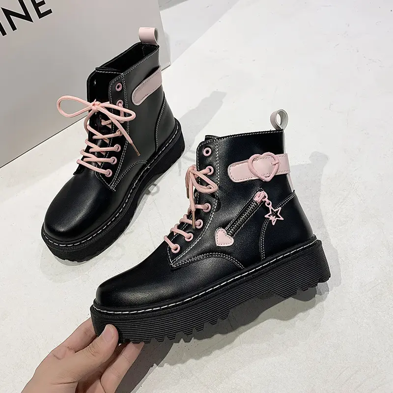 Autumn and Winter Fashion New Comfortable Fleece Warm Cross with Round Toe Cute Leather Women's Square Heel Ankle Boots