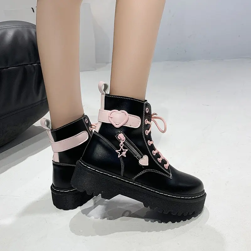 Autumn and Winter Fashion New Comfortable Fleece Warm Cross with Round Toe Cute Leather Women's Square Heel Ankle Boots