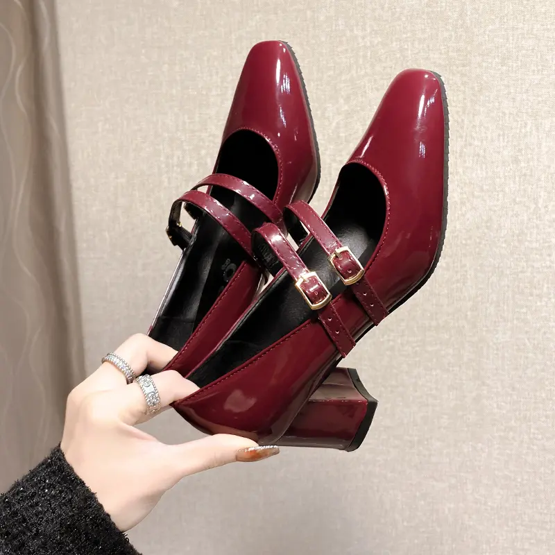 2024 Spring Autumn Women Double Buckle Mary Janes Shoes Patent Leather Dress Square Head Square Heel Solid Color Women's Shoes
