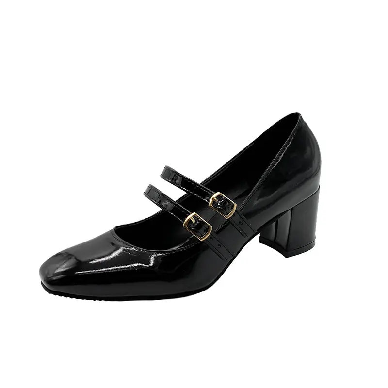 2024 Spring Autumn Women Double Buckle Mary Janes Shoes Patent Leather Dress Square Head Square Heel Solid Color Women's Shoes