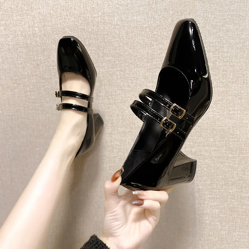 2024 Spring Autumn Women Double Buckle Mary Janes Shoes Patent Leather Dress Square Head Square Heel Solid Color Women's Shoes