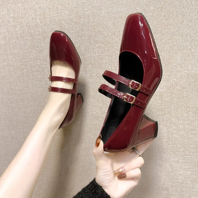 2024 Spring Autumn Women Double Buckle Mary Janes Shoes Patent Leather Dress Square Head Square Heel Solid Color Women's Shoes