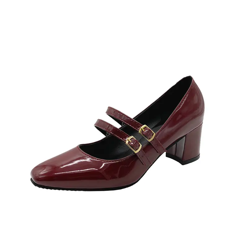 2024 Spring Autumn Women Double Buckle Mary Janes Shoes Patent Leather Dress Square Head Square Heel Solid Color Women's Shoes