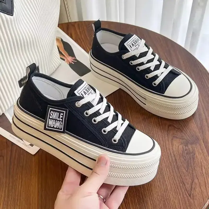 New Women Black White Platform Canvas Shoes Sneakers Lace Up Comfortable Shoes Fashion Outdoor Versatile Sport Vulcanize Shoes