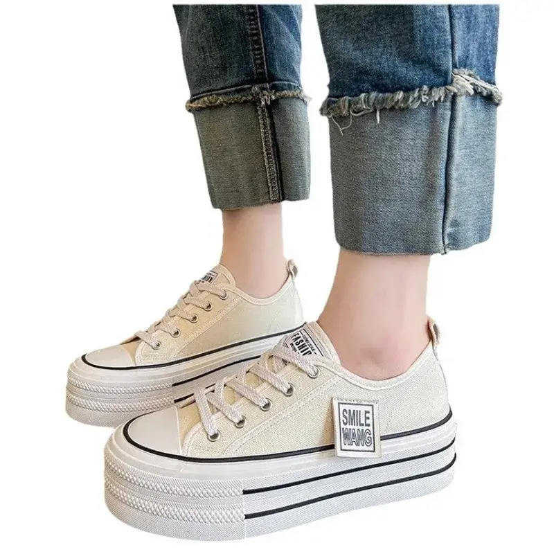 New Women Black White Platform Canvas Shoes Sneakers Lace Up Comfortable Shoes Fashion Outdoor Versatile Sport Vulcanize Shoes