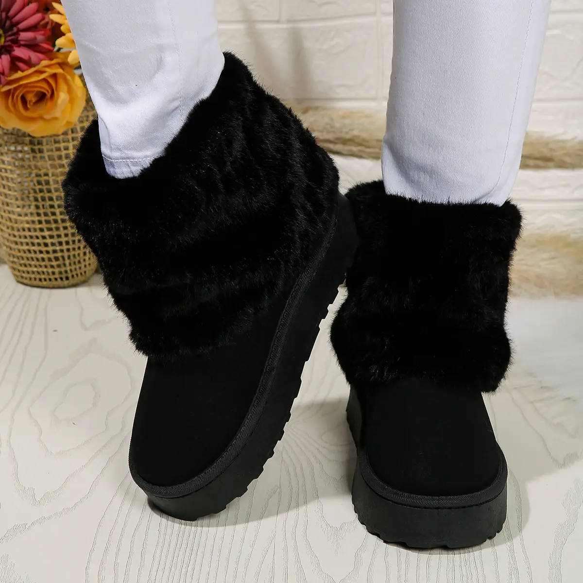 Shoes for Women Winter Women's Boots Black Round Toe Solid Flock Plush Warm Mid Heel Water Proof Casual Snow Boots Women
