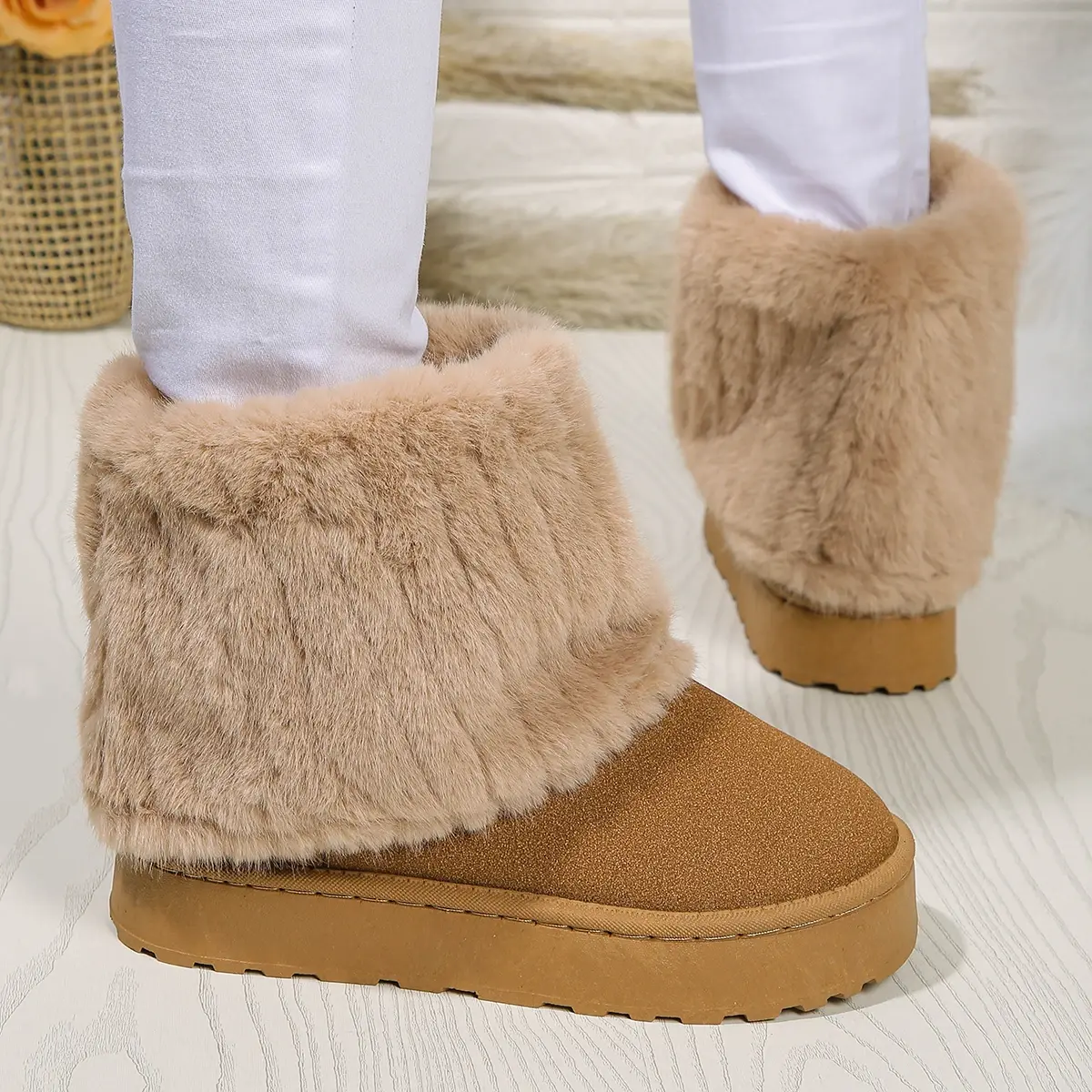 Shoes for Women Winter Women's Boots Black Round Toe Solid Flock Plush Warm Mid Heel Water Proof Casual Snow Boots Women