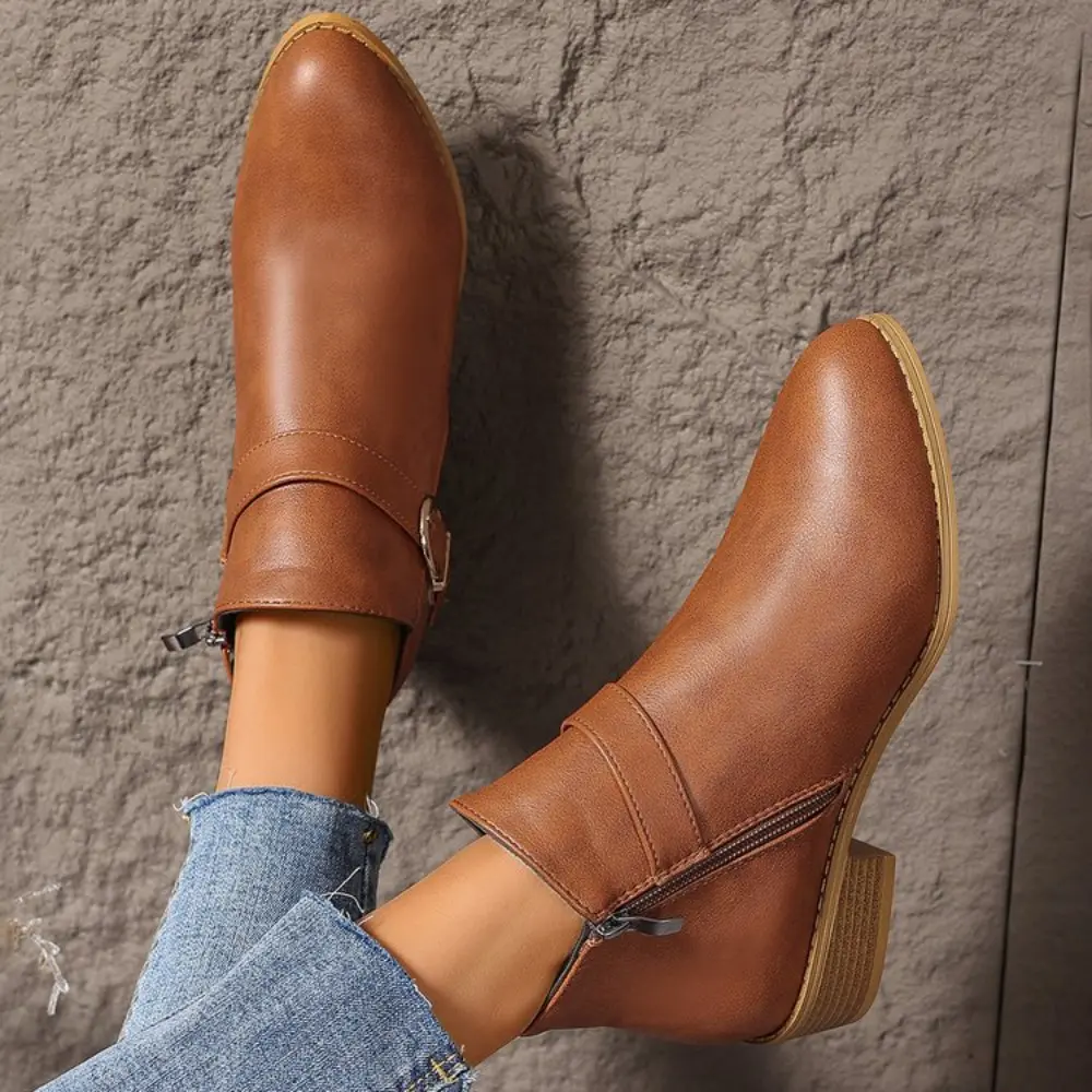 Retro Buckle Strap Ankle Boots Women Low Heels Brown Platform PU Leather Boots Woman 2024 Autumn Side Zipper Short Botas