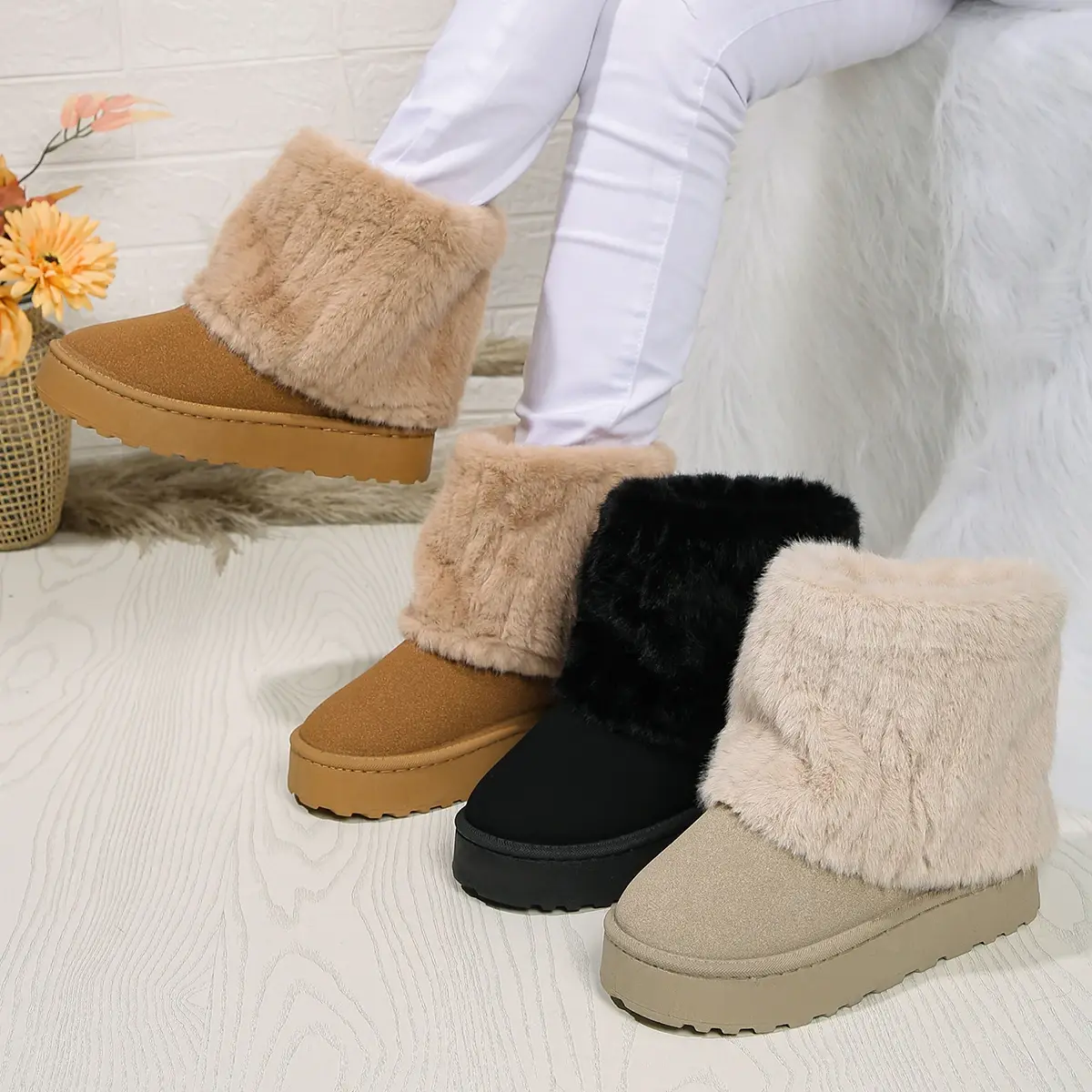 Shoes for Women Winter Women's Boots Black Round Toe Solid Flock Plush Warm Mid Heel Water Proof Casual Snow Boots Women