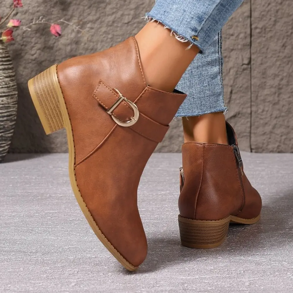 Retro Buckle Strap Ankle Boots Women Low Heels Brown Platform PU Leather Boots Woman 2024 Autumn Side Zipper Short Botas