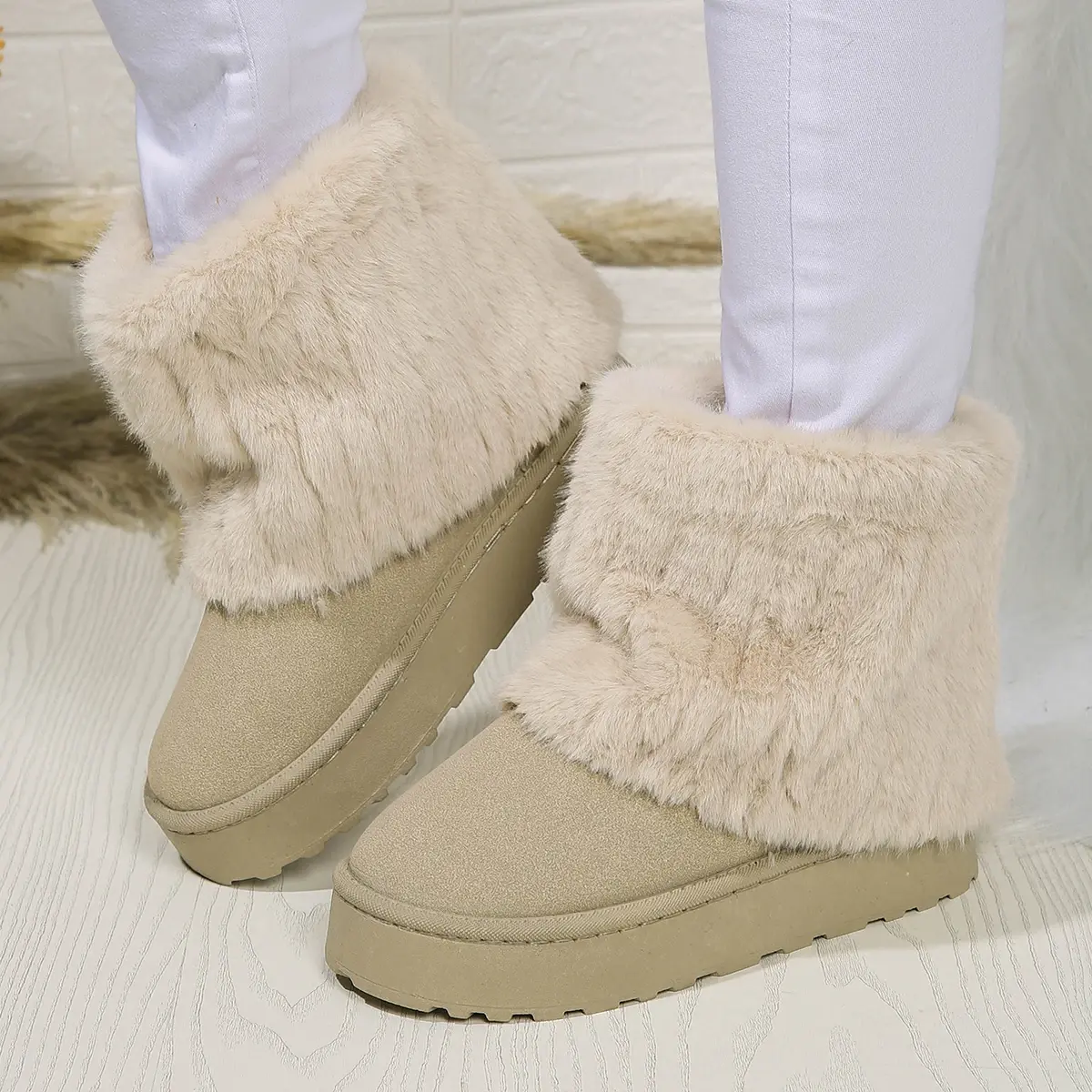 Shoes for Women Winter Women's Boots Black Round Toe Solid Flock Plush Warm Mid Heel Water Proof Casual Snow Boots Women