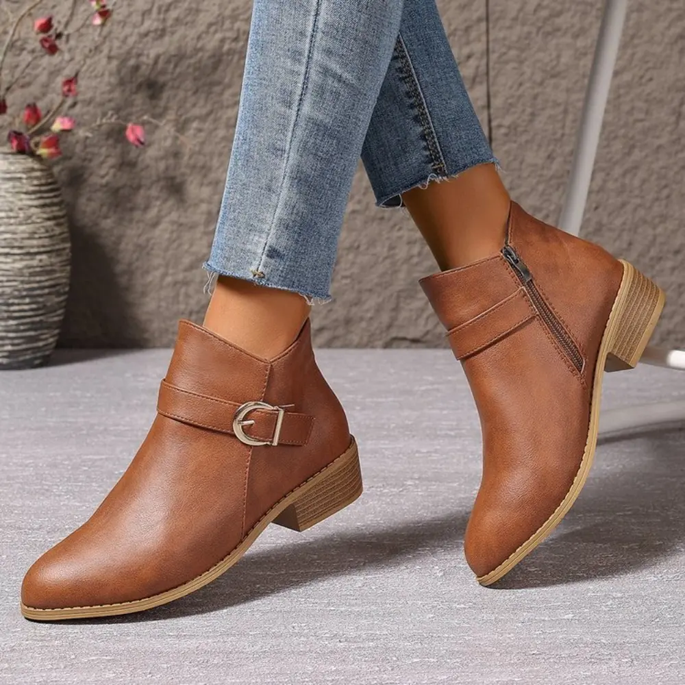 Retro Buckle Strap Ankle Boots Women Low Heels Brown Platform PU Leather Boots Woman 2024 Autumn Side Zipper Short Botas