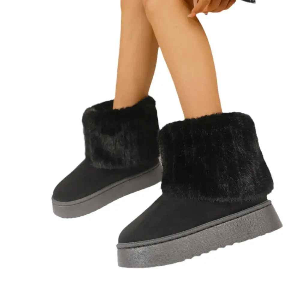 Shoes for Women Winter Women's Boots Black Round Toe Solid Flock Plush Warm Mid Heel Water Proof Casual Snow Boots Women